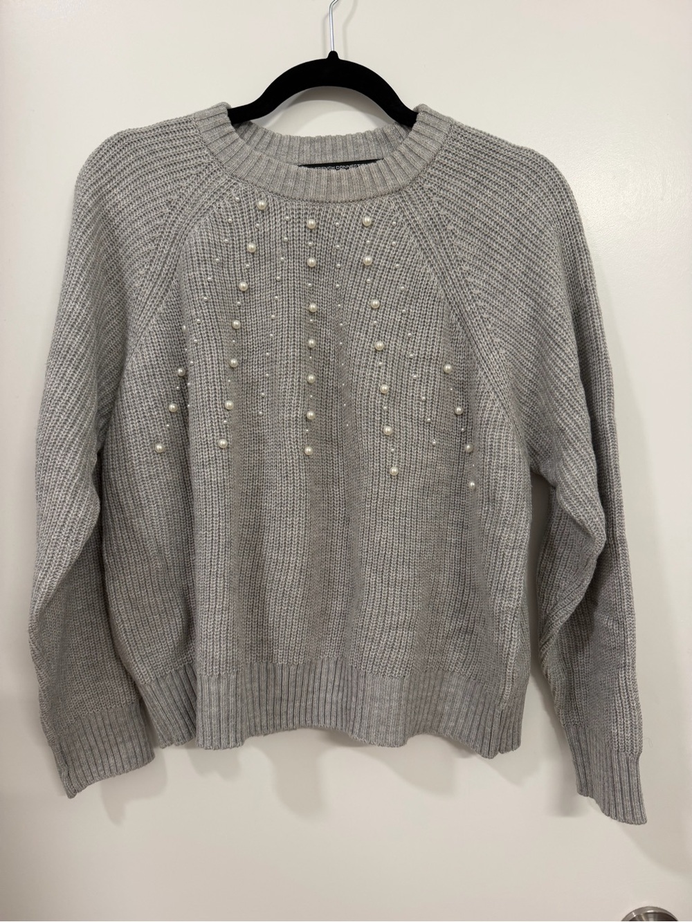 French Connection Gray Pearl-Embellished Crewneck Sweater